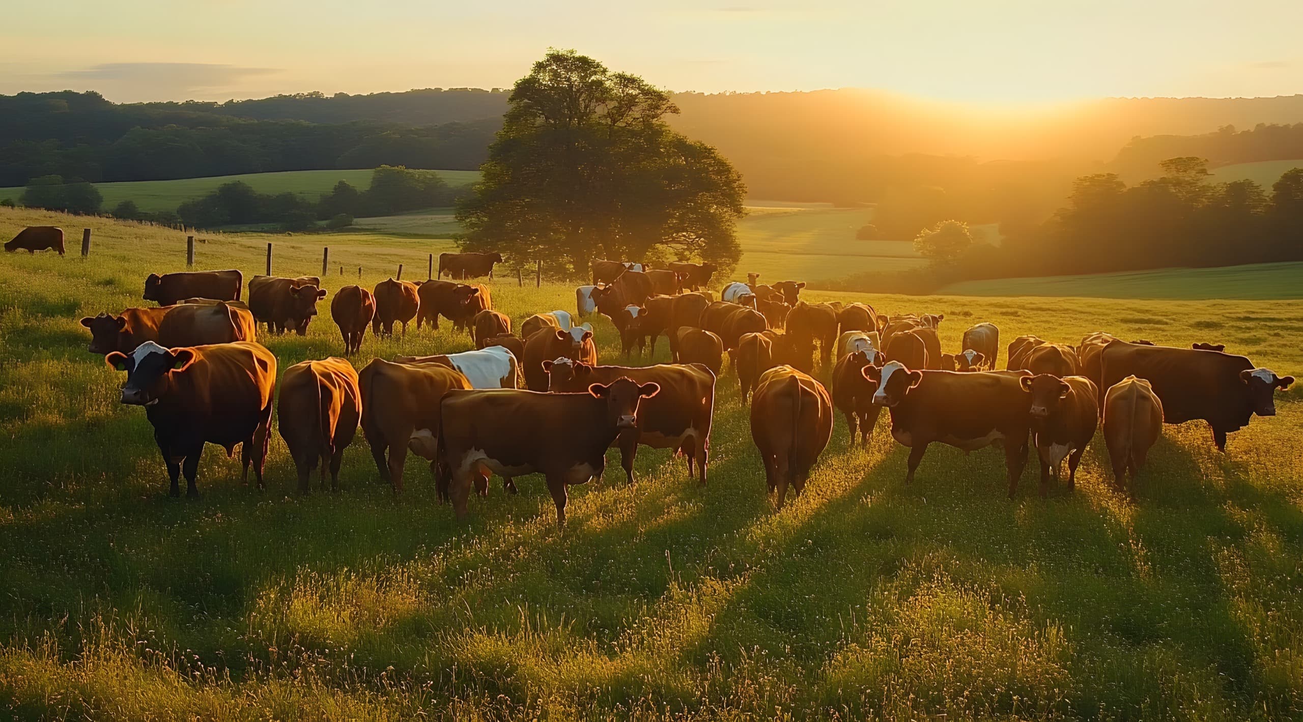 A herd of cattle grazing on green pasture at golden hour, sun setting over rolling hills