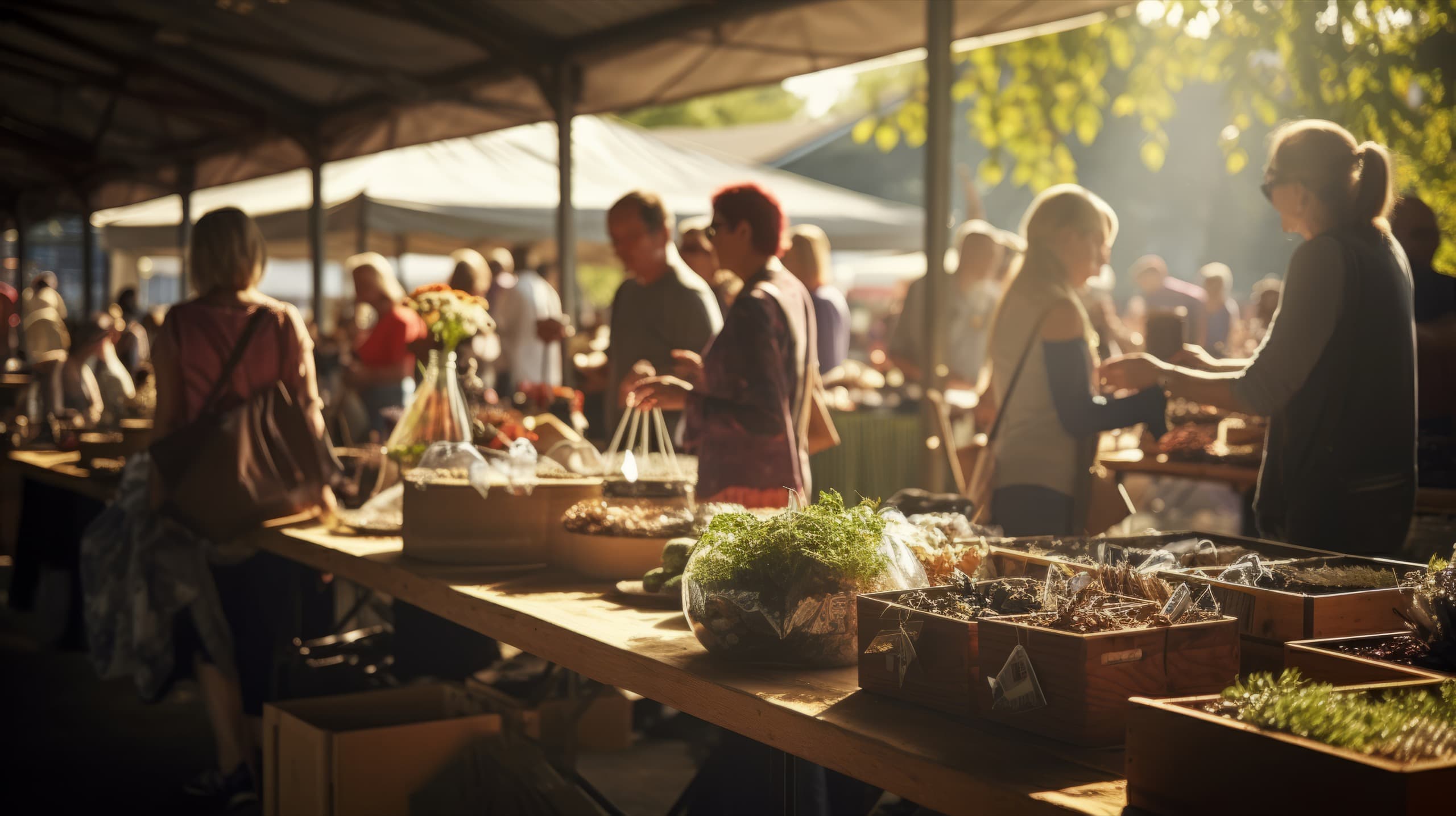 Shoppers browsing produce and goods at a sunlit outdoor farmers market
